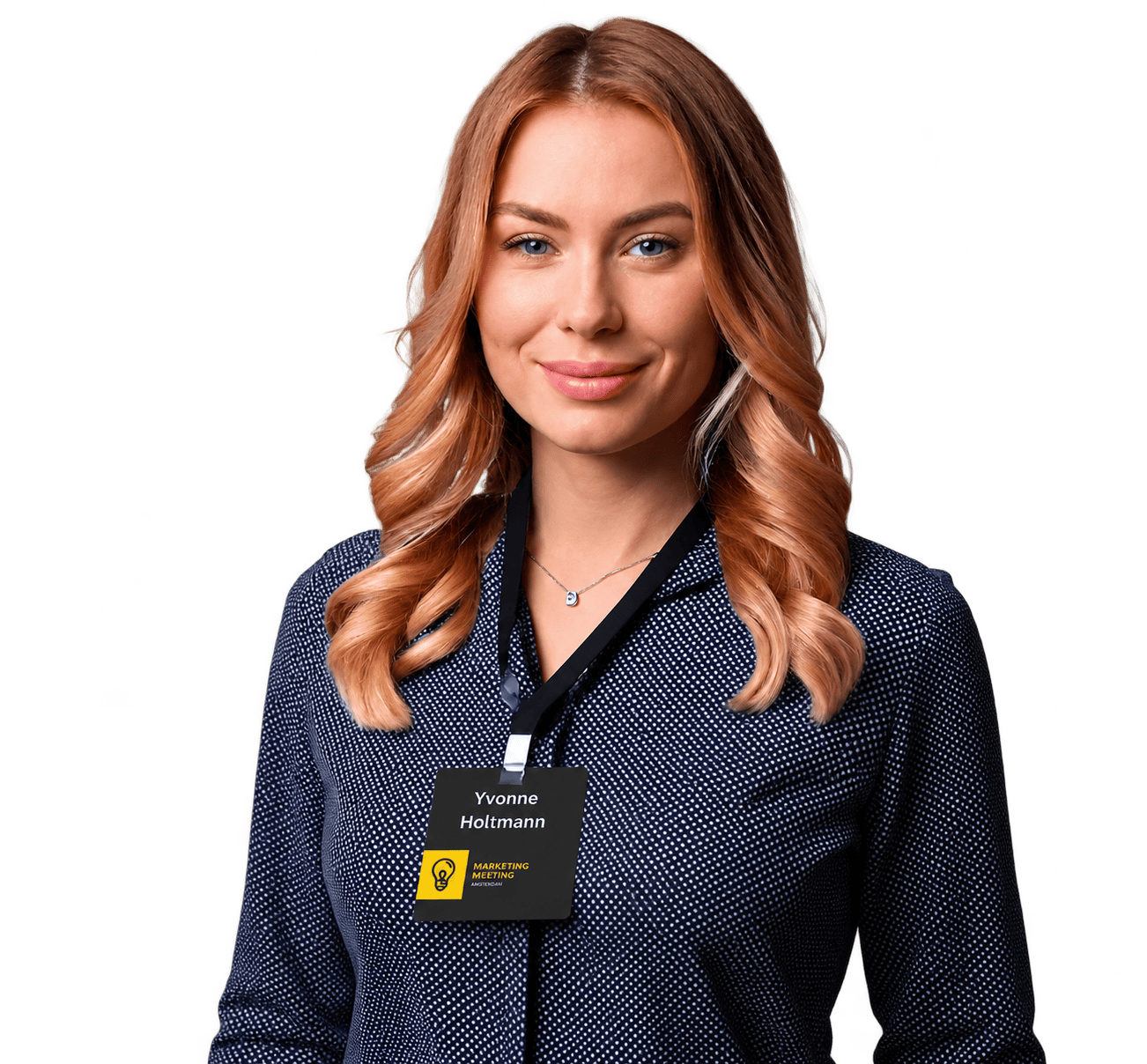 Frau mit individuell bedrucktem Eventausweis im Sonderformat an einem schwarzen Lanyard