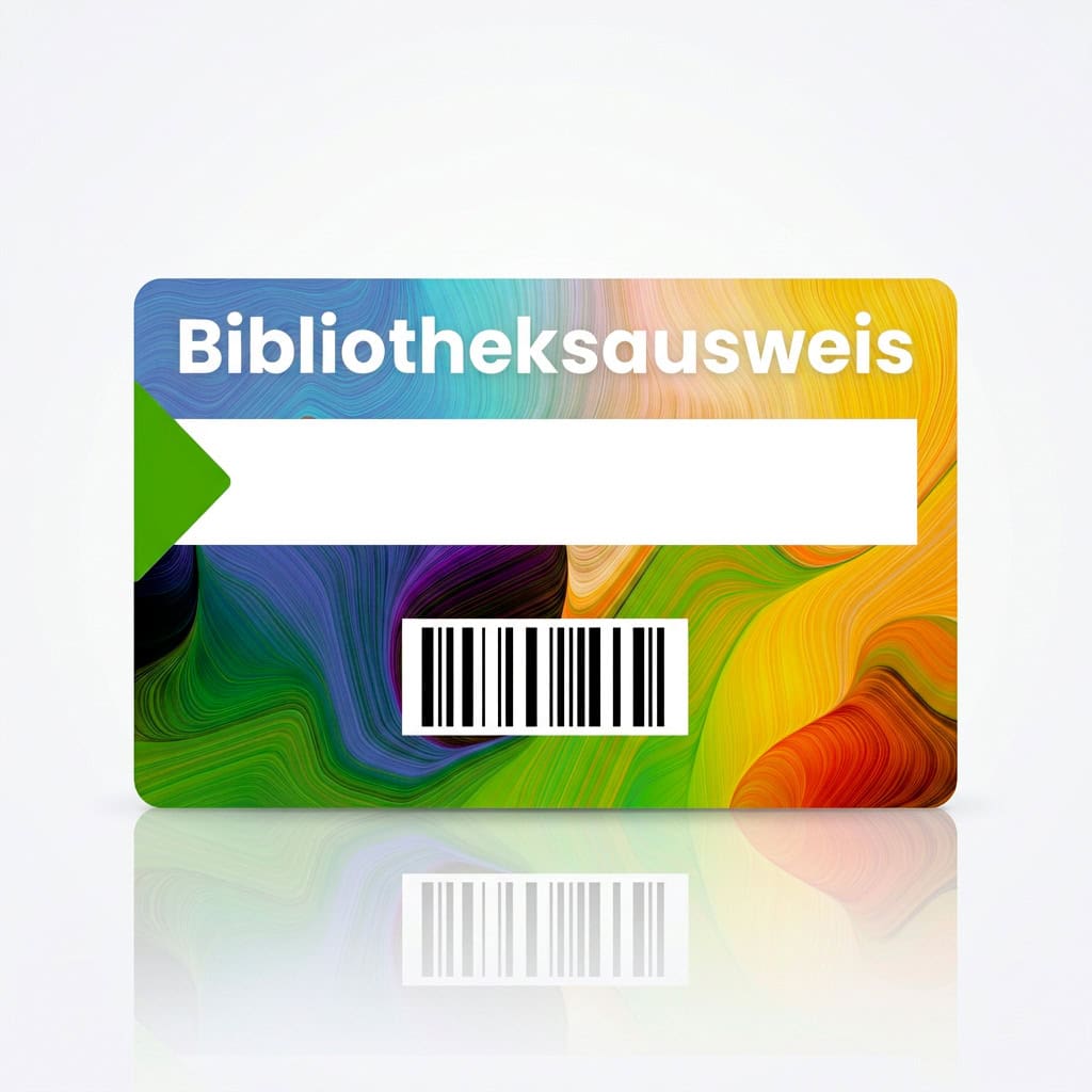 Mehrfarbiger Bibliotheksausweis mit Barcode und weißem Beschriftungsfeld