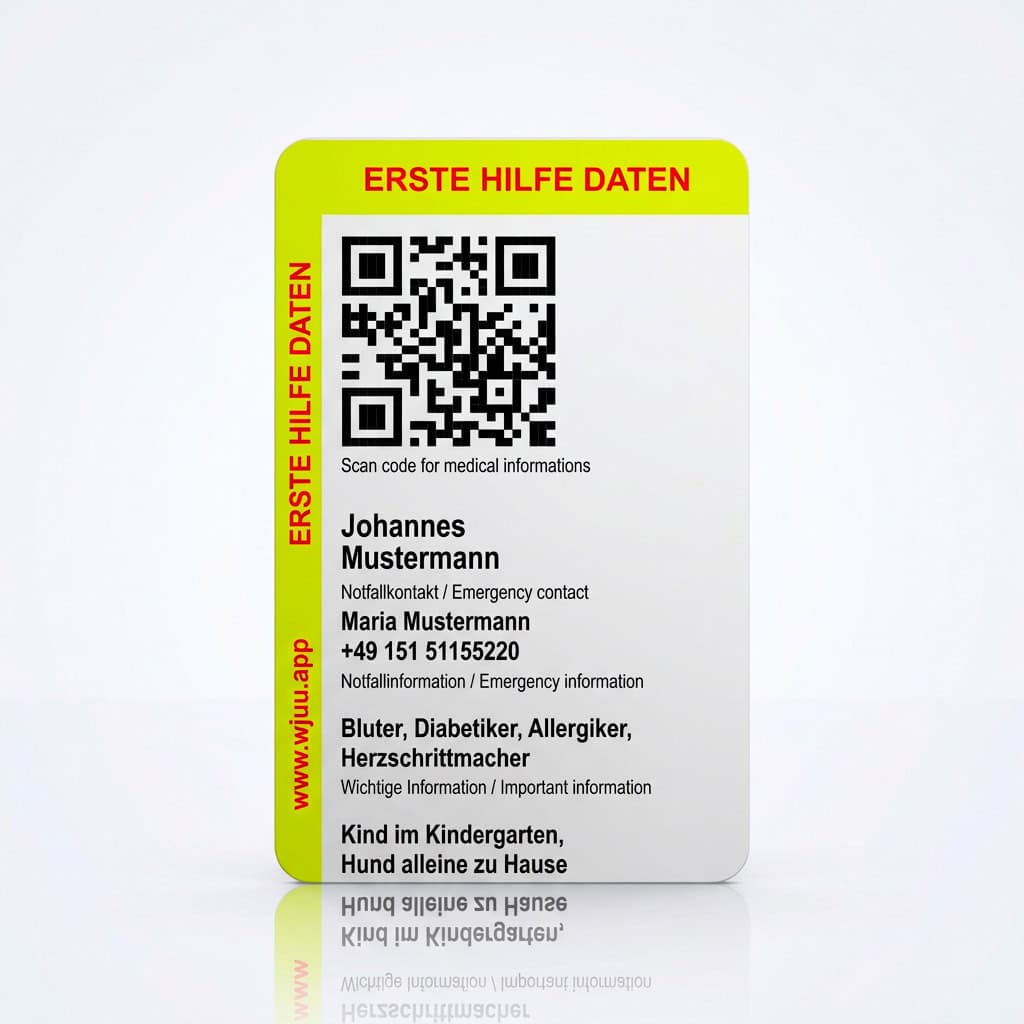 Personalisierte QR Code Karte mit Notfalldaten und individuellem QR Code