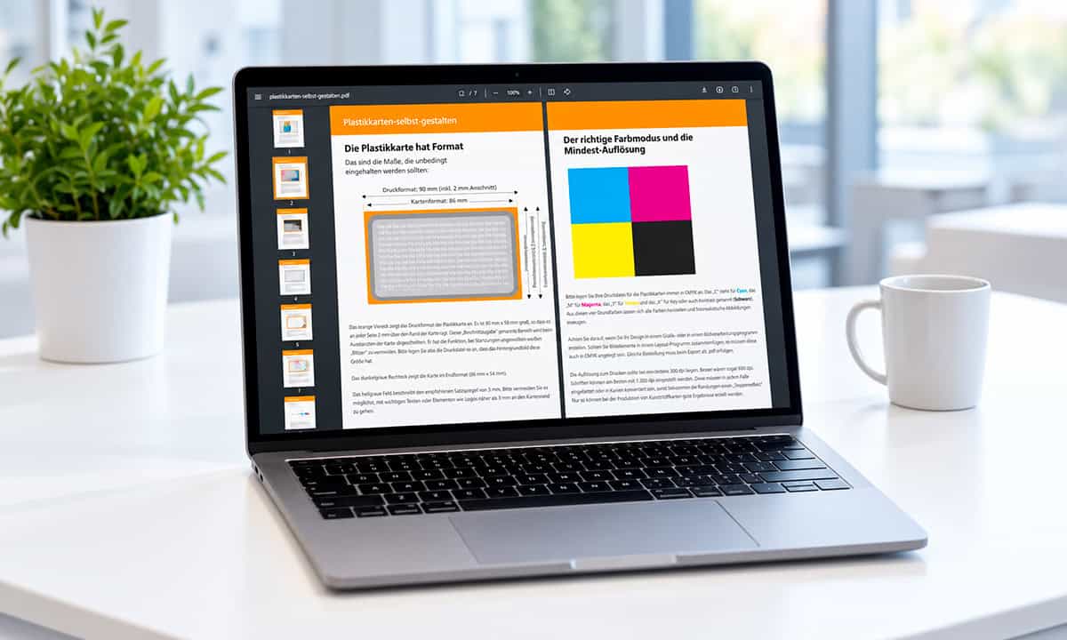 Aufgeklapptes MacBook mit Cardwork Druckvorgaben für Plastikkarten als PDF