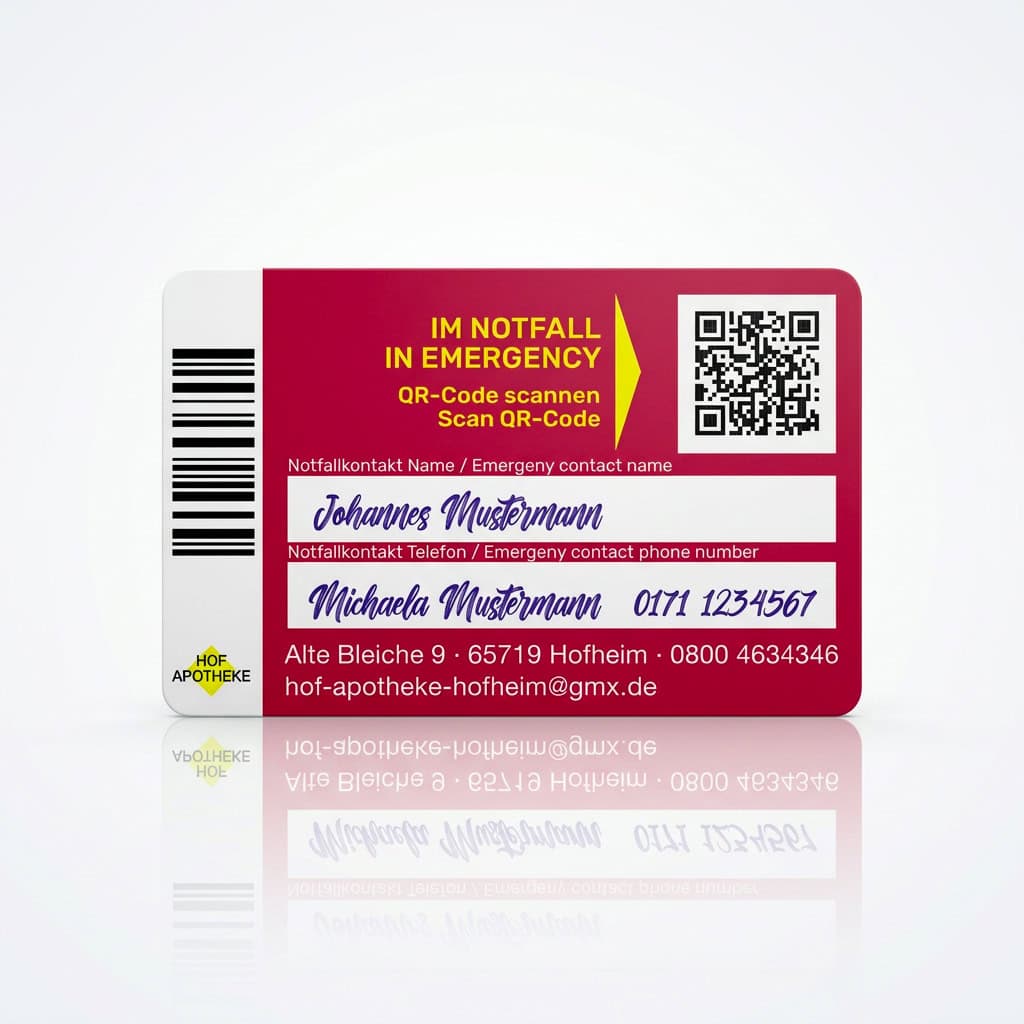 Individuell bedruckte Apothekenkarte mit digitalem Notfallpass, QR Code, Barcode und Notfallkontakten